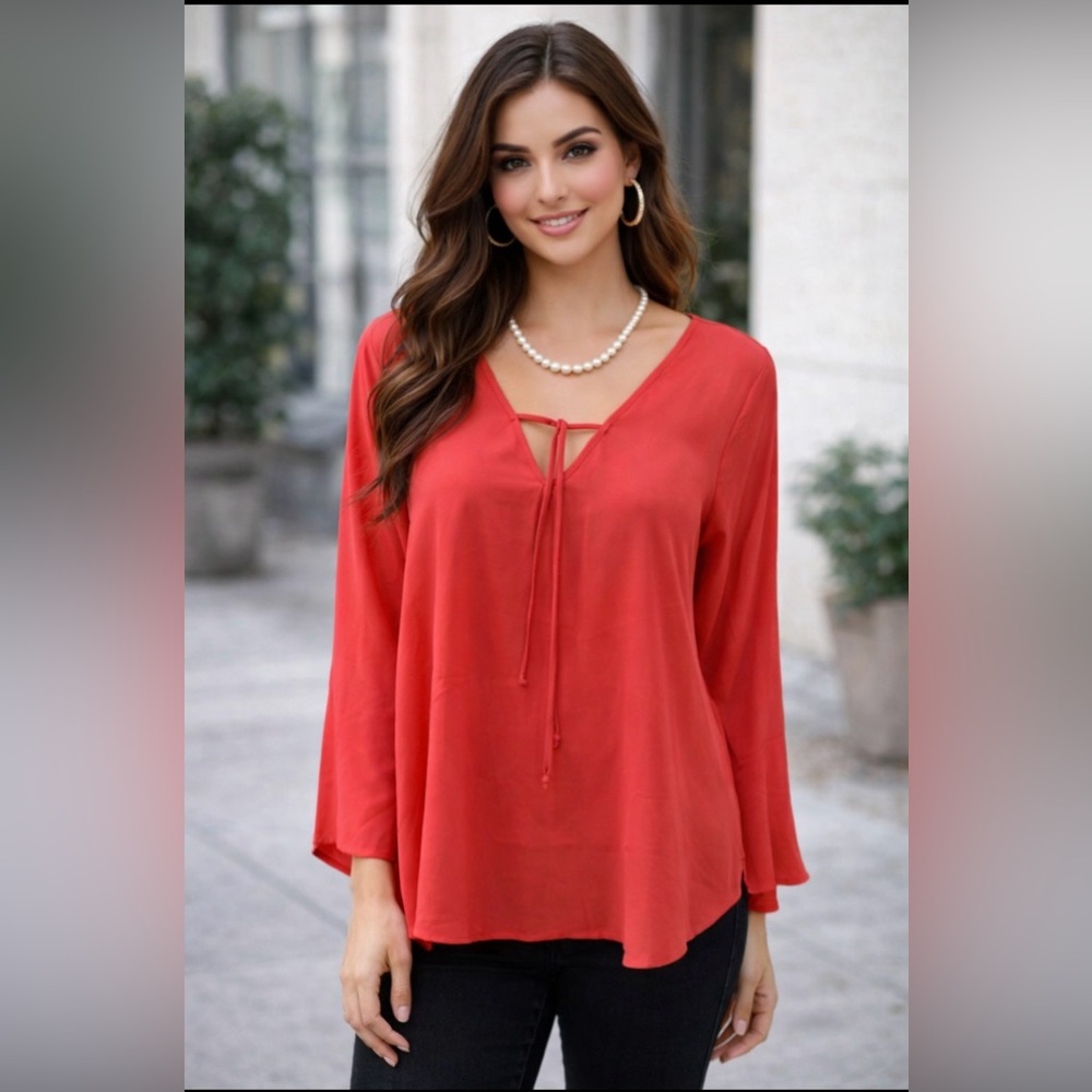 Zac&Rachel OrangePink long bell SleevesTie Front Blouse crochet trim on the back